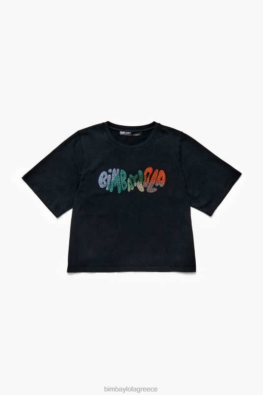είδη ένδυσης Bimba Y Lola μπλουζάκι με λογότυπο βαμβακερό hot fix L2L28280 πλυμένο μαύρο