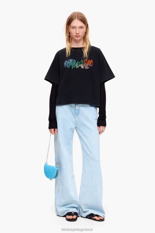 είδη ένδυσης Bimba Y Lola μπλουζάκι με λογότυπο βαμβακερό hot fix L2L28280 πλυμένο μαύρο